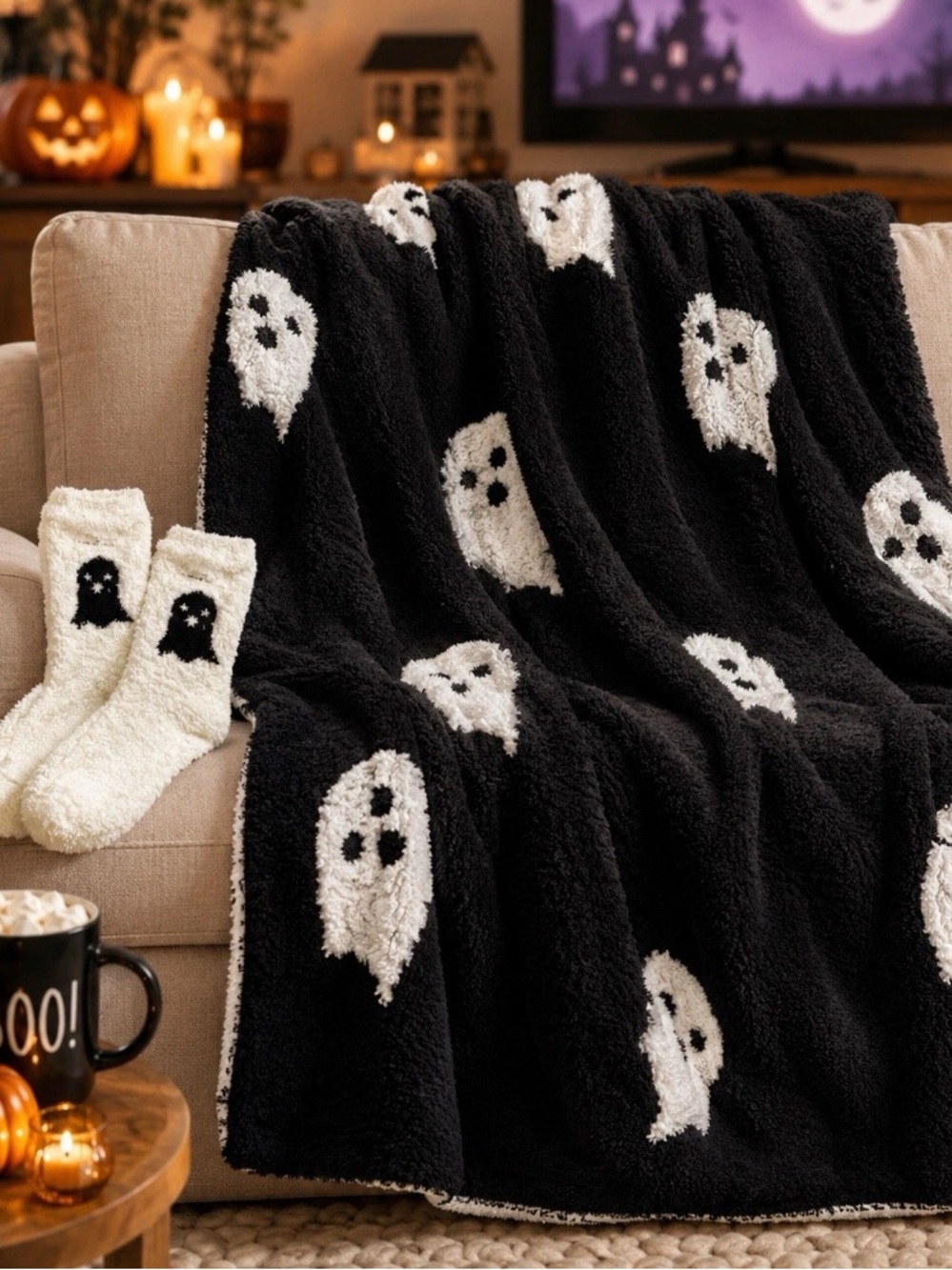 Cupcakes and Cashmere Black White Ghost Blanket Viral TikTok Halloween Socks NEW